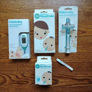 Fridababy thermometer, pacifier medicine dispenser, snotsucker and filters. New